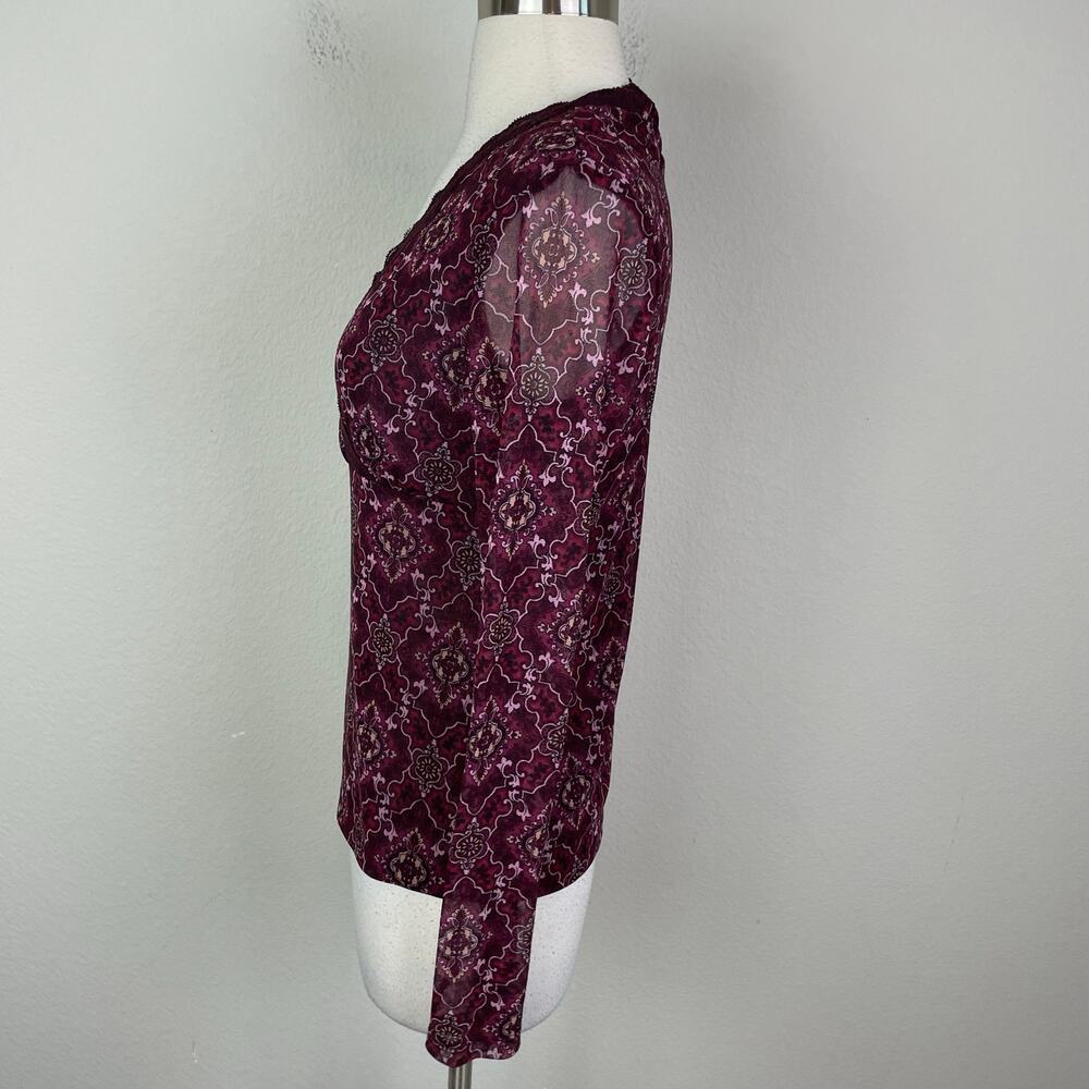 Vintage New York & Co. Maroon Geometric Floral Mesh Knit Babydoll Top Small - Picture 3 of 11